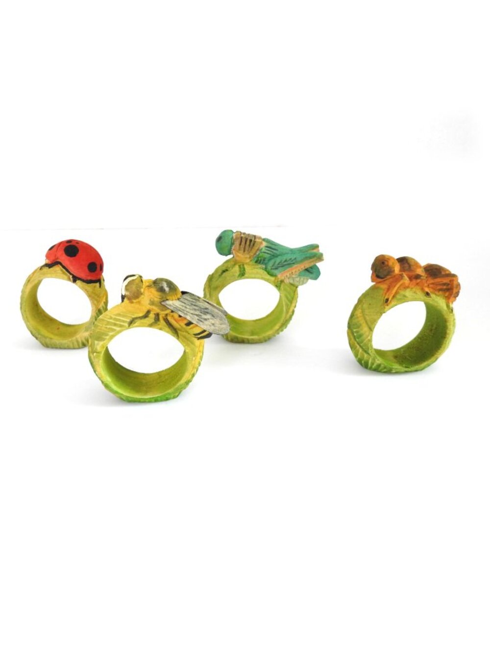 Vintage Hand Carved Wood Insect Napkin Rings Set of 4 Ladybug Ant Bee Grasshoper